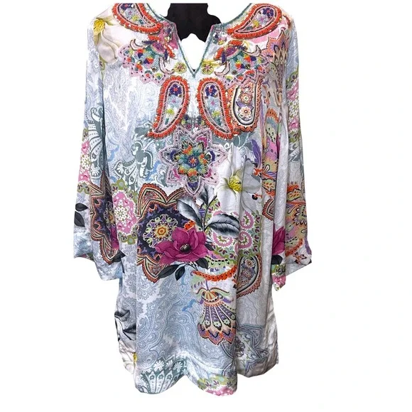 Soft Surroundings Boho Beaded Paisley Floral Tunic Top Blue Pink Womens Small - Picture 2 of 11